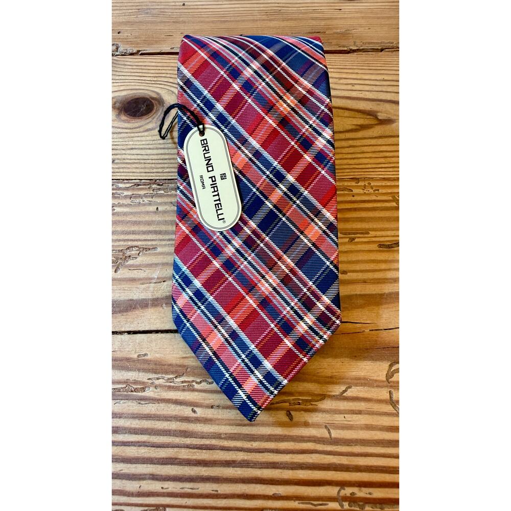 *Bruno Piattelli Made Italy 100% Silk Red Plaid Tartan Check Designer Tie NWT